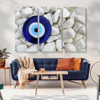 48883-MGV-CV-36X24-Evil Eye Wall Art – Deep Blue Symbol of Presence and Calm on White Stones, Subtle Spiritual Decor for Entryway, Studio, Office or