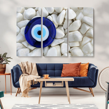 48883-MGV-CV-36X24-Evil Eye Wall Art – Deep Blue Symbol of Presence and Calm on White Stones, Subtle Spiritual Decor for Entryway, Studio, Office or