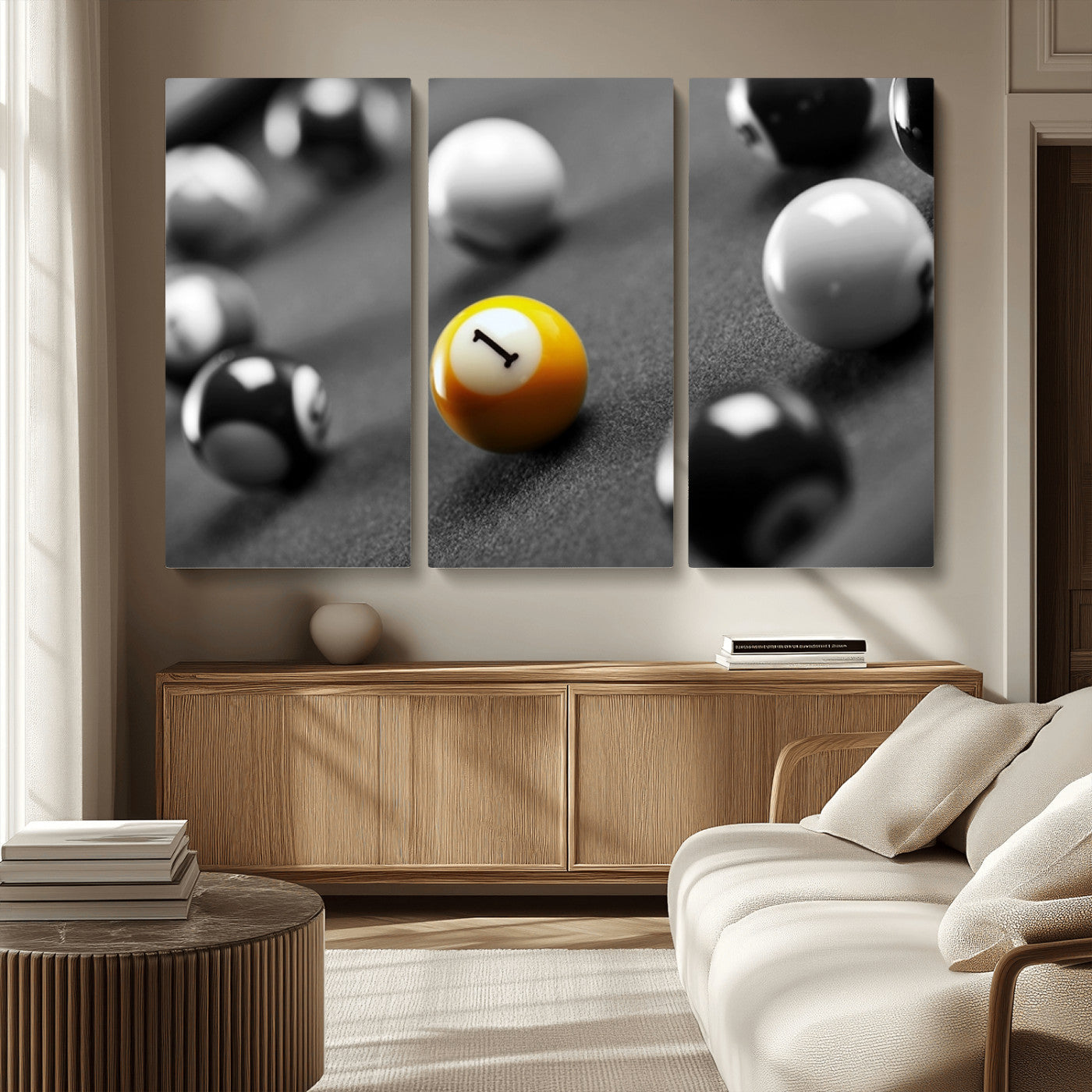 52108-MGV-CV-36X24-Precision Pool Table Wall Art – Close Up Yellow 1 Ball Canvas Print, Hand-Played Billiards Game Decor for Office, Game Room, or