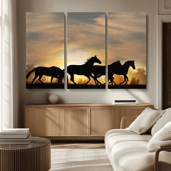 16620-MGV-CV-36X24-Sunset Stallions Wall Art – Silhouetted Horses Running Canvas Print, Nature’s Rhythm, Perfect for Living Room, Office, or Man Cave
