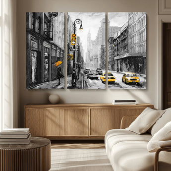 32362-MGV-CV-36X24-NYC Street Wall Art – Black and White Cityscape with Yellow Taxis and Umbrella Canvas Print, Urban Home Decor for Living Room or
