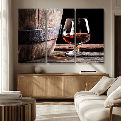 50839-MGV-CV-36X24-Barrel & Brandy Wall Art – Rustic Whiskey Barrel and Brandy Glass Canvas Print, Elegant Home Bar or Lounge Decor for Office, Man