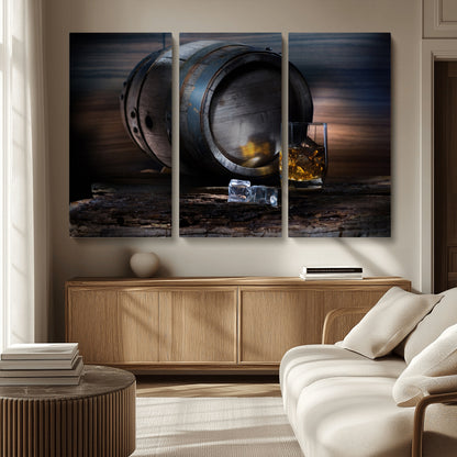 78049-MGV-CV-36X24-Whiskey Barrel Wall Art – Rustic Whiskey Barrel and Glass with Ice Canvas Print, Classic Bar or Lounge Decor for Home, Office, or