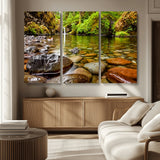 98096-MGV-CV-36X24-Serene River Waterfall Nature Photo – Calm Clear Water, Vibrant Green Forest and Smooth Stones Landscape Wall Art for Home or