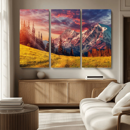 83947-MGV-CV-36X24-Sunset Mountain Landscape Wall Art – Panoramic Alpine Meadow and Snow Capped Peaks Canvas Print, Nature Scenic Decor for Home,