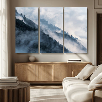 85737-MGV-CV-48X32-3P-Misty Mountain Wall Art – Atmospheric Pine Forest Canvas Print with Fog and Mist, Calm Nature Decor for Living Room, Bedroom,