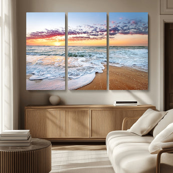 39560-MGV-CV-36X24-Sunrise Beach Wall Art – Vibrant Ocean Waves and Golden Sand Canvas Print, Seaside Coastal Decor for Living Room, Bedroom or