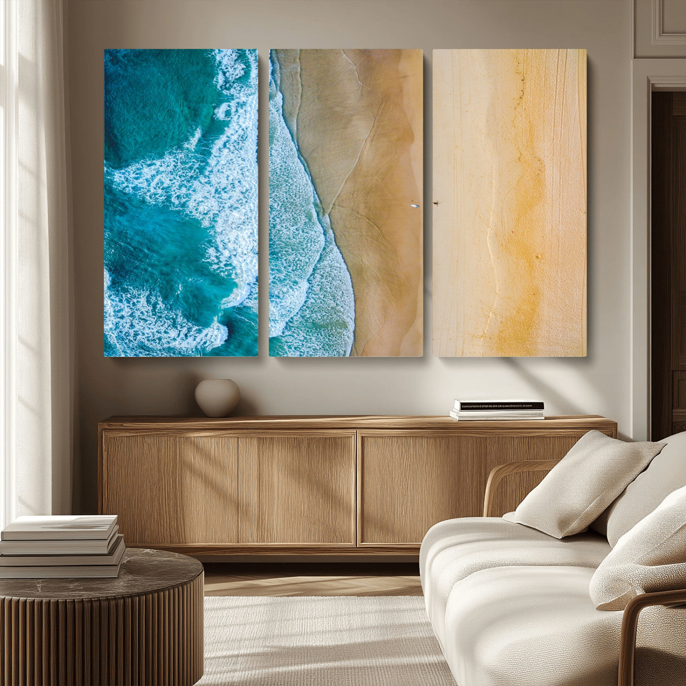 46640-MGV-CV-36X24-Aerial Beach Wall Art – Turquoise Waves and Golden Sand Canvas Print with Lone Surfer, Coastal Ocean Decor for Living Room,