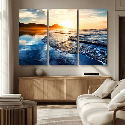86173-MGV-CV-36X24-Golden Sunset Beach Wall Art – Reflective Ocean Canvas Print with Mountains and Waves, Coastal Nature Decor for Living Room,