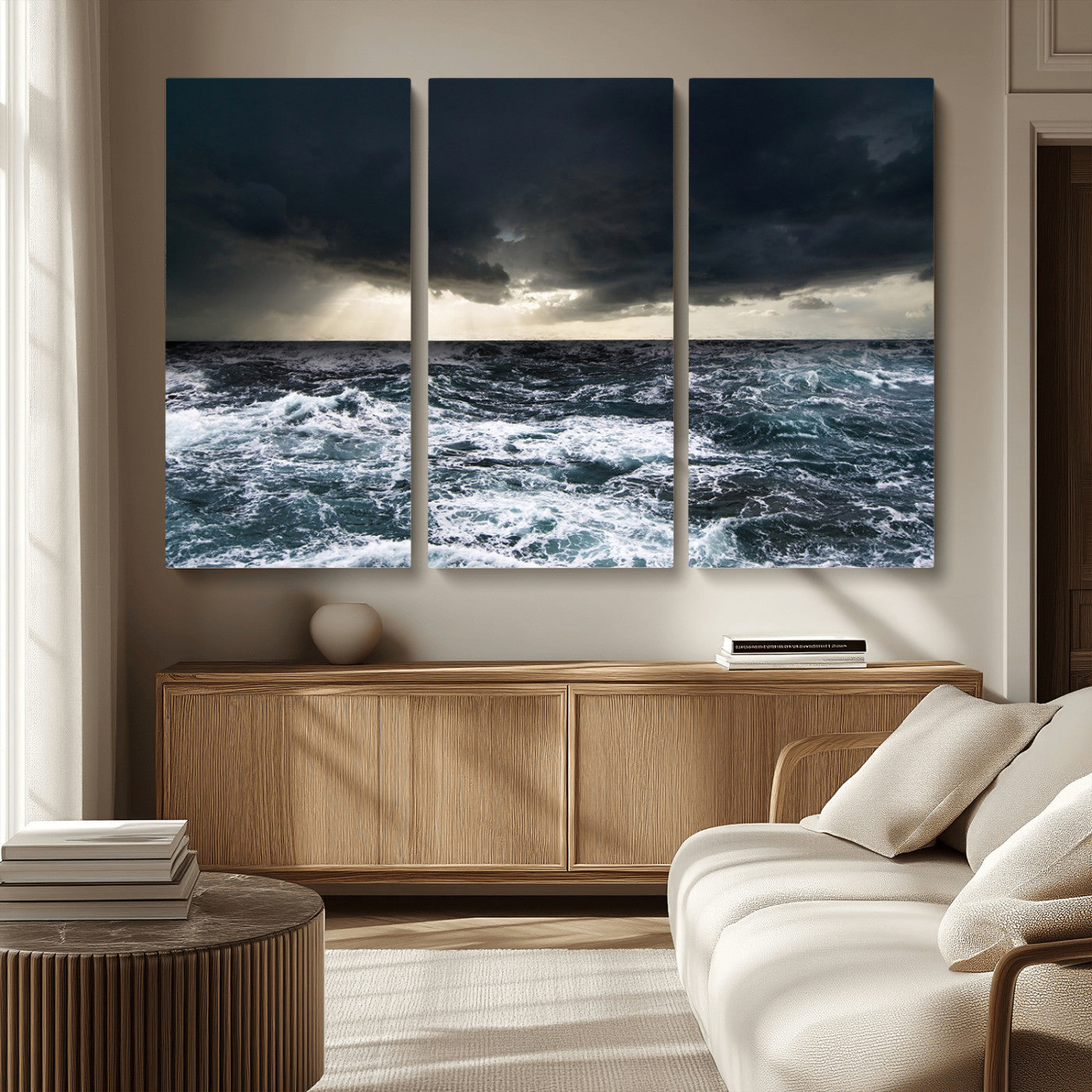 42607-MGV-CV-36X24-Stormy Ocean Wall Art – Dramatic Sea and Sky Canvas Print with Sun Rays, Moody Nature Decor for Living Room, Office, Bedroom or