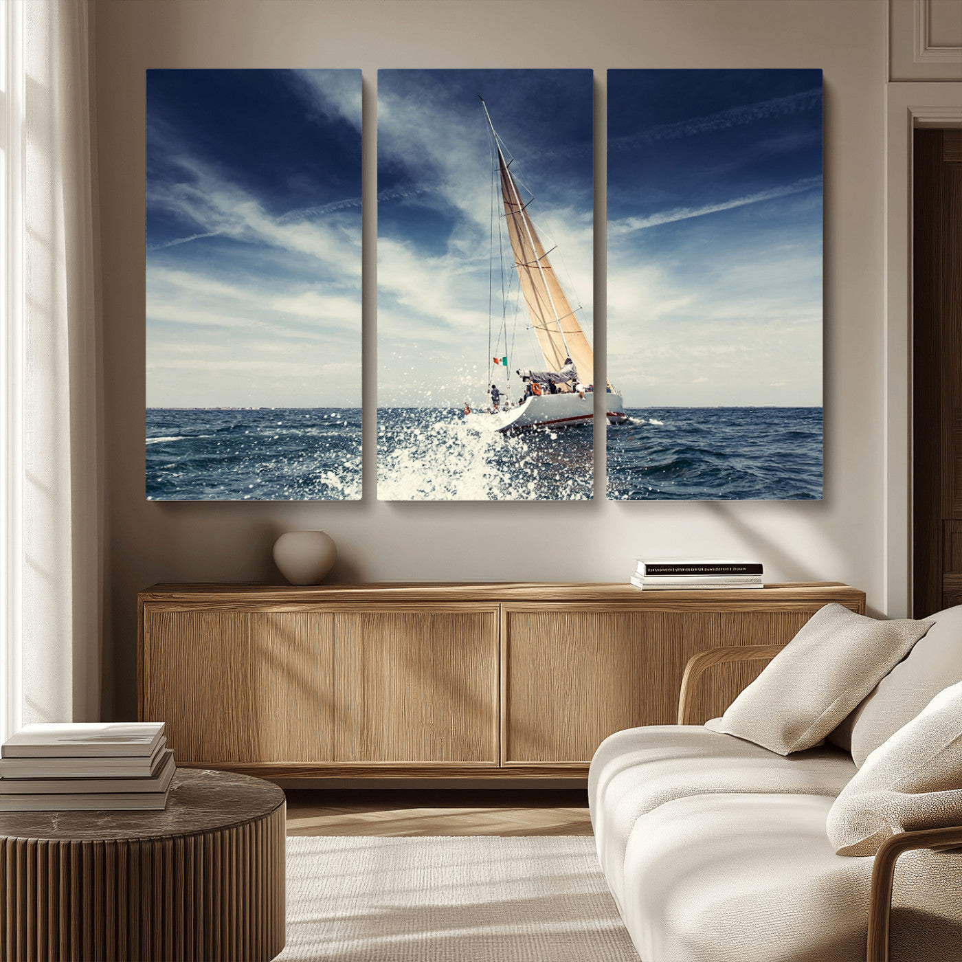 75430-MGV-CV-36X24-Sailing Boat Wall Art – Dynamic Ocean Yacht Canvas Print, Nautical Decor for Living Room, Office, Beach House or Cabin
