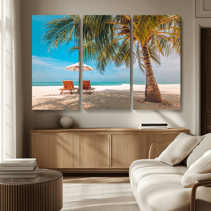 69754-MGV-CV-36X24-Tropical Beach Wall Art – Relaxing Palm Tree and Lounge Chairs Canvas Print, Serene Coastal Decor for Living Room, Bedroom, Office