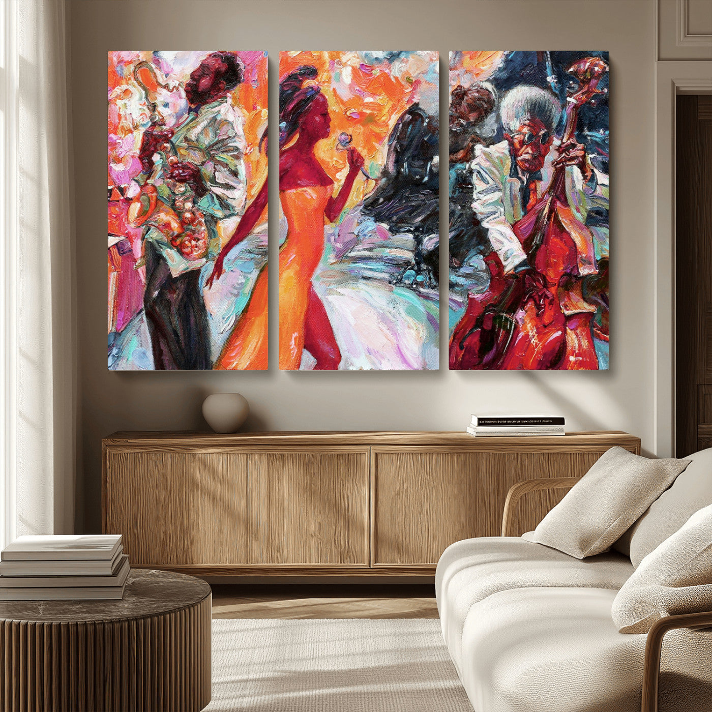 24452-MGV-CV-36X24-Vibrant Jazz Musician Painting - Expressive Art Print of Live Jazz Band, Perfect Wall Decor for Music Lovers and Art Enthusiasts
