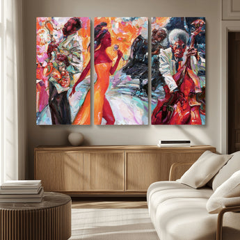 24452-MGV-CV-36X24-Vibrant Jazz Musician Painting - Expressive Art Print of Live Jazz Band, Perfect Wall Decor for Music Lovers and Art Enthusiasts