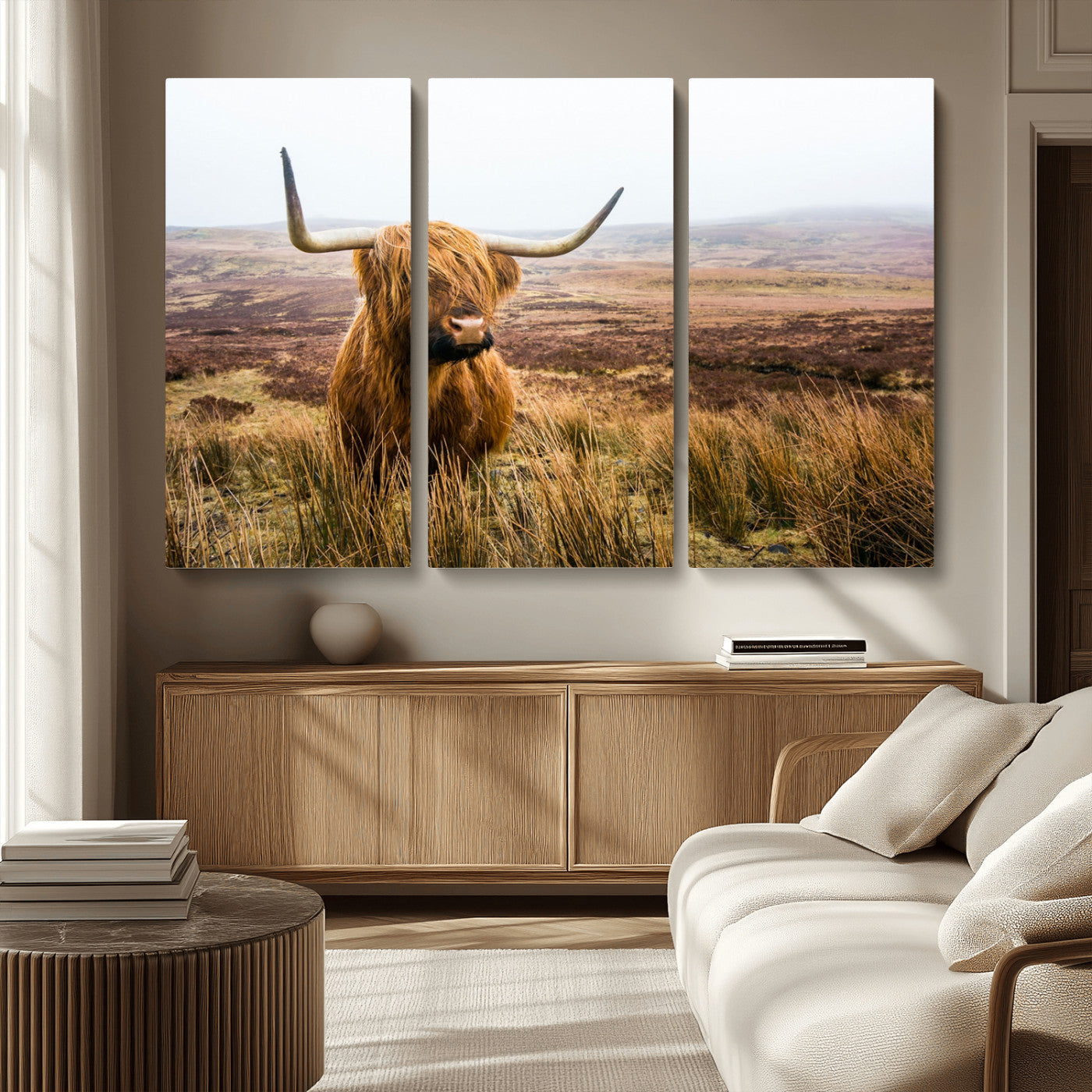 79391-MGV-CV-36X24-Majestic Highland Cow in Misty Scottish Moorland – Rustic Natural Charm, Perfect for Unique Home or Office Decor