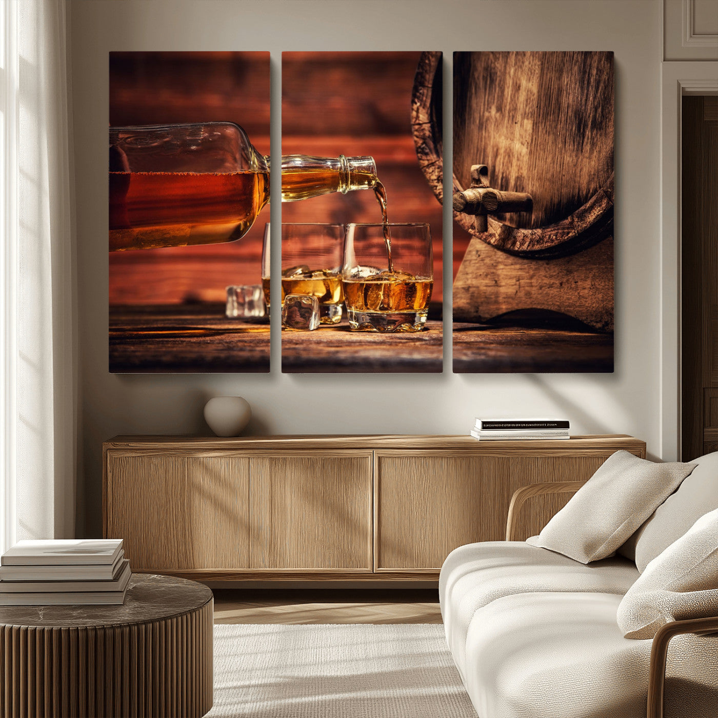 21266-MGV-CV-36X24-Pouring Whiskey into Glasses with Ice – Rustic Wooden Barrel Background, Warm Ambient Lighting, Ideal Decor for Home or Office