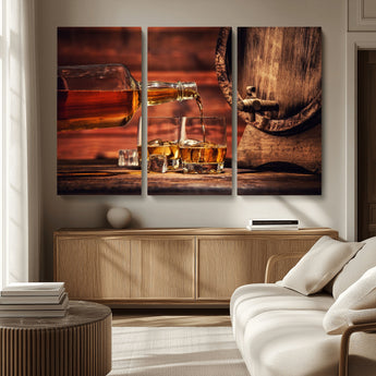 21266-MGV-CV-36X24-Pouring Whiskey into Glasses with Ice – Rustic Wooden Barrel Background, Warm Ambient Lighting, Ideal Decor for Home or Office