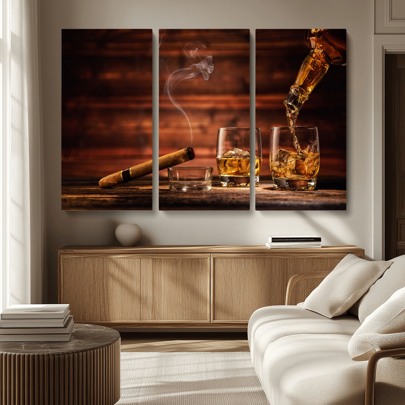 41139-MGV-CV-36X24-Whiskey and Cigar Still Life – Glasses with Ice and Pouring Amber Drink on Wooden Table with Smoke, Elegant Bar or Lounge Wall