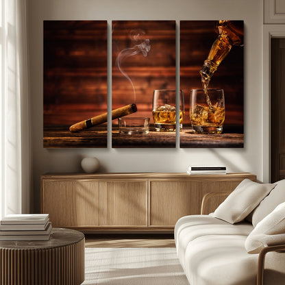 41139-MGV-CV-36X24-Whiskey and Cigar Still Life – Glasses with Ice and Pouring Amber Drink on Wooden Table with Smoke, Elegant Bar or Lounge Wall