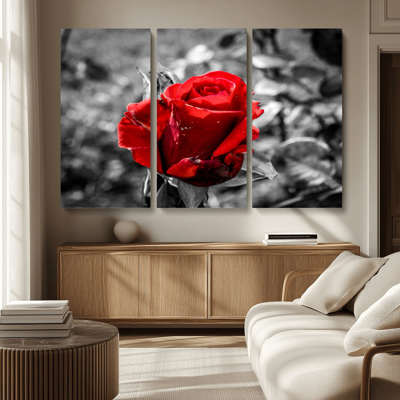 84671-MGV-CV-36X24-Red Rose Wall Art – Vibrant Single Bloom Canvas Print with Black and White Background, Elegant Floral Decor for Living Room,