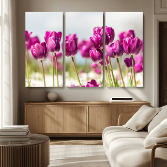30632-MGV-CV-36X24-Purple Tulip Field Wall Art – Beautiful Spring Flowers Canvas Print with Soft Focus and Bright Sky, Ideal Floral Decor for Home or