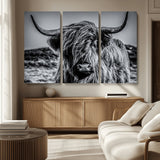 97372-MGV-CV-36X24-Elegant Highland Cow Wall Art – Black and White Canvas Print, Rustic Nature Decor for Home, Office, Living Room or Man Cave