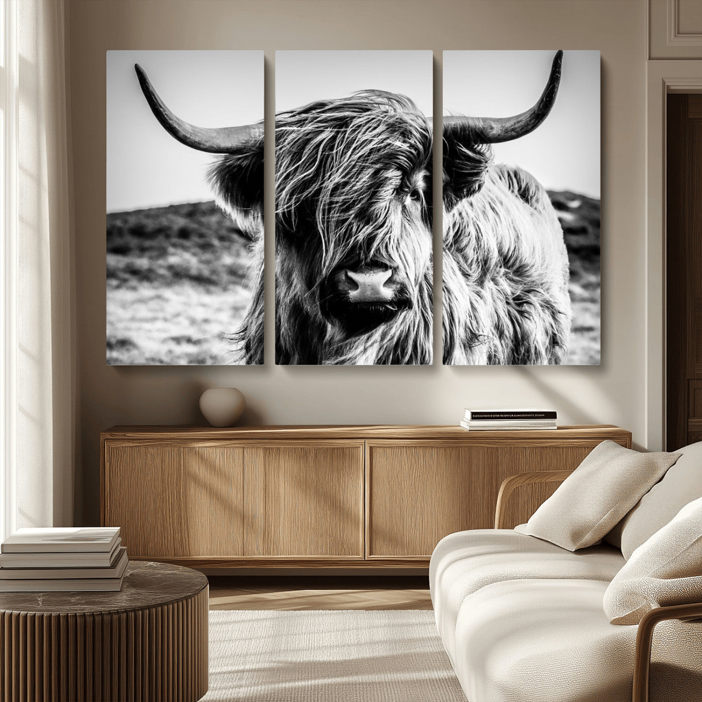 36979-MGV-CV-36X24-Striking black-and-white portrait of a Highland cow with flowing fur and majestic horns, perfect for rustic and elegant home or