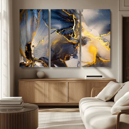 42100-MGV-CV-36X24-Golden Flow Abstract Wall Art – Panoramic Modern Blue and Gold Canvas Print, Contemporary Artistic Decor for Home, Office