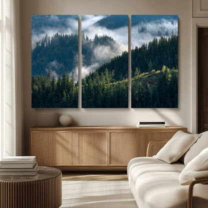 55972-MGV-CV-36X24-Whispering Pines Wall Art – Panoramic Misty Forest Canvas Print, Serene Nature Decor for Home, Office or Cabin Retreat