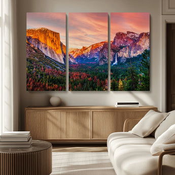 24519-MGV-CV-36X24-Yosemite Valley Sunset Wall Art – Majestic Mountain Landscape with Waterfall and Vibrant Sky, Nature Photography for Home or