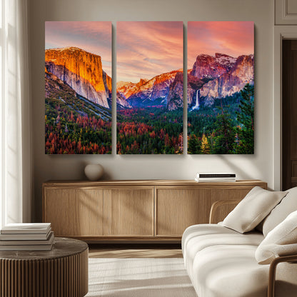 24519-MGV-CV-36X24-Yosemite Valley Sunset Wall Art – Majestic Mountain Landscape with Waterfall and Vibrant Sky, Nature Photography for Home or