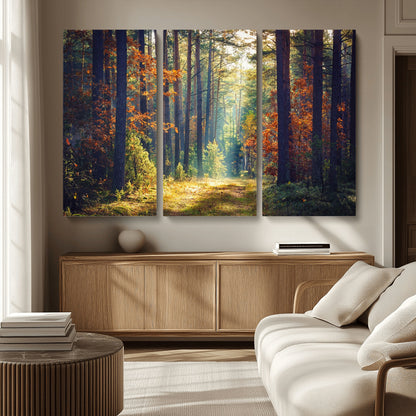 86249-MGV-CV-36X24-Sunlit Autumn Forest Path Wall Art – Peaceful Nature Scene with Fall Foliage, Calming Woods Decor for Home or Office