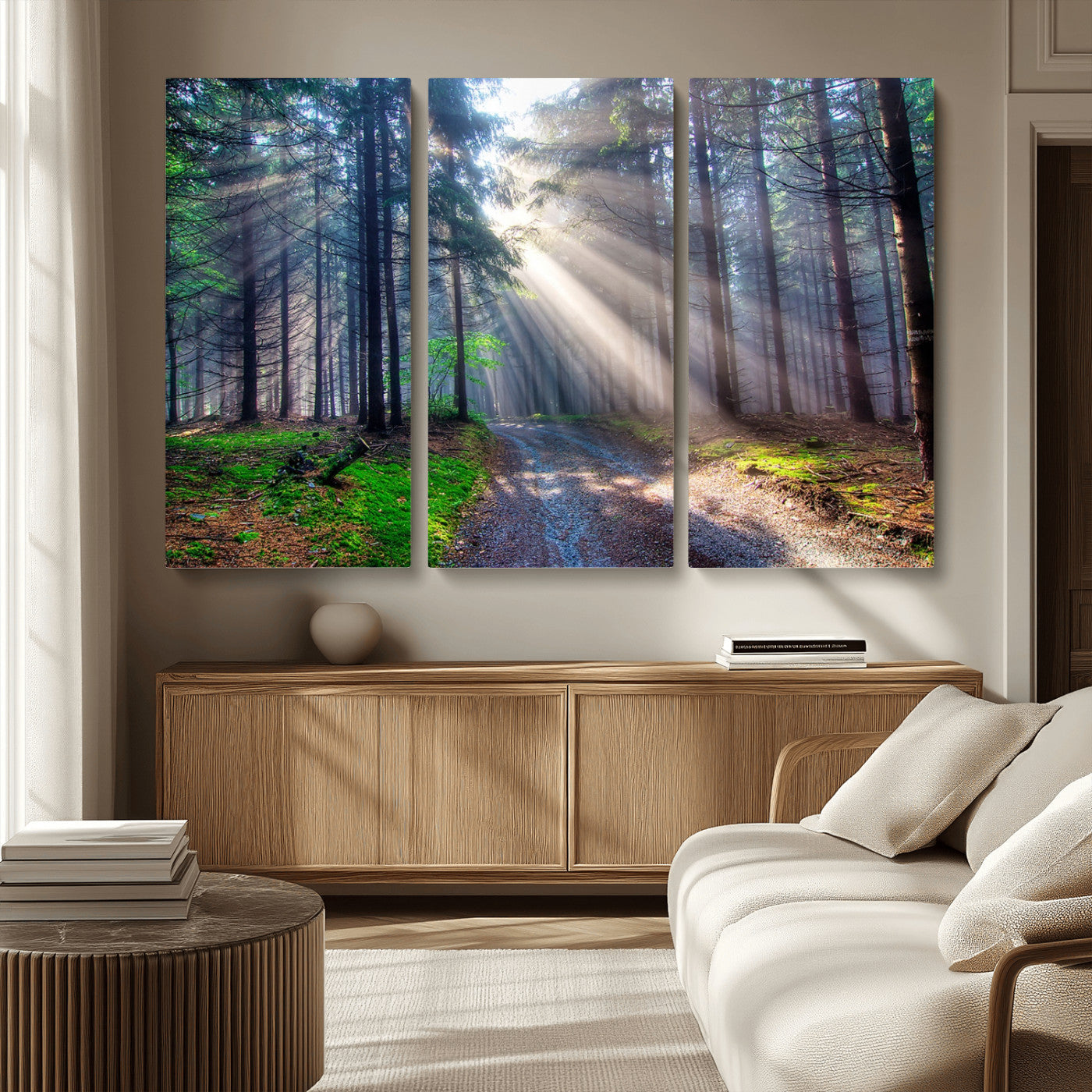 42047-MGV-CV-36X24-Sunlit Forest Path Wall Art – Nature Canvas Print, Serene Woodland Landscape, Perfect Home & Office Decor for Calm and Tranquil