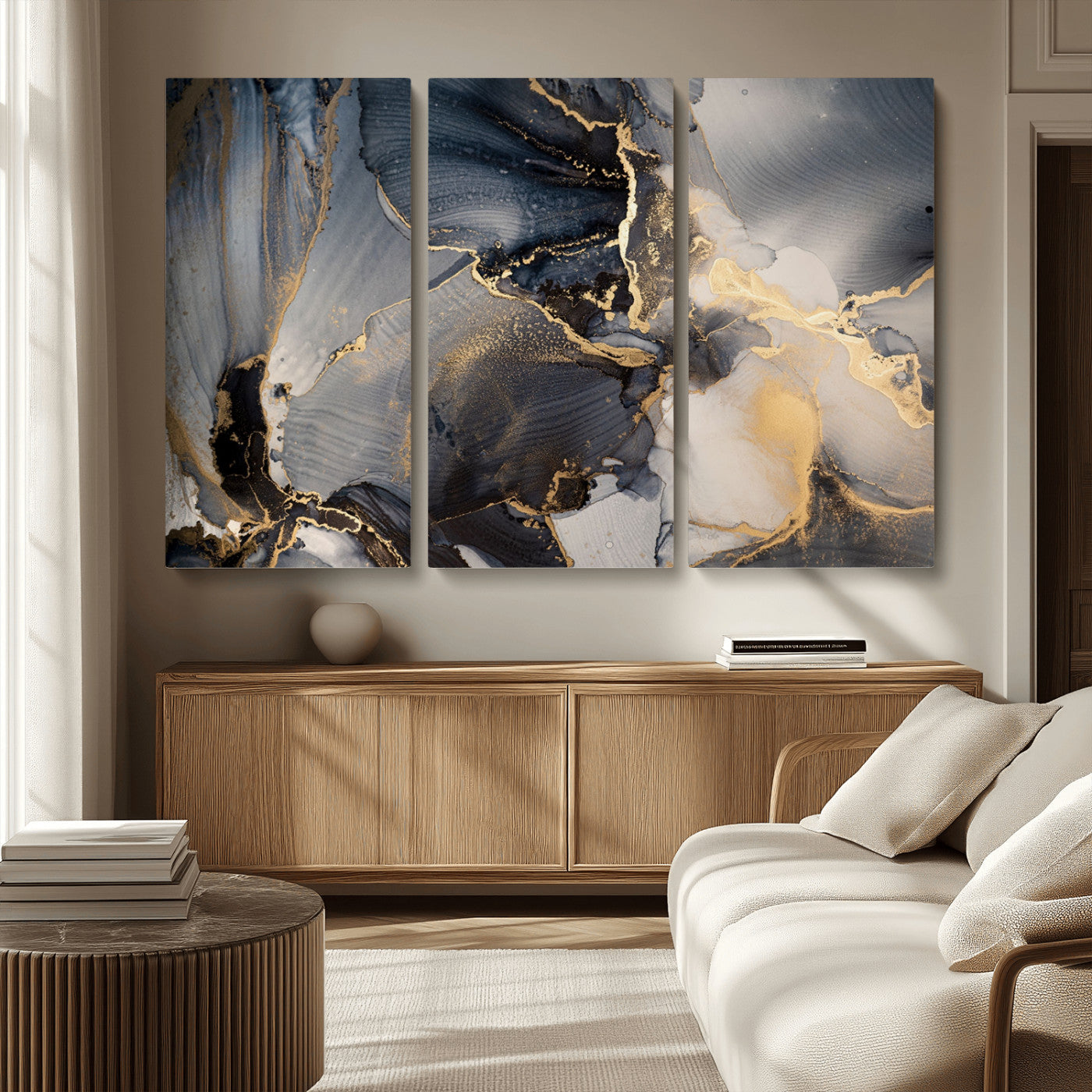 24068-MGV-CV-36X24-Luxury Abstract Wall Art – Gold & Gray Fluid Ink Painting Canvas, Modern Metallic Home Decor, Elegant Office or Living Room Accent