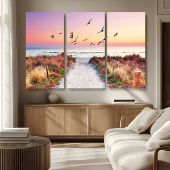 54411-MGV-CV-36X24-Beach Path with Birds Wall Art – Coastal Sunset Ocean Canvas Print, Seaside Nature Landscape Photography for Living Room, Bedroom