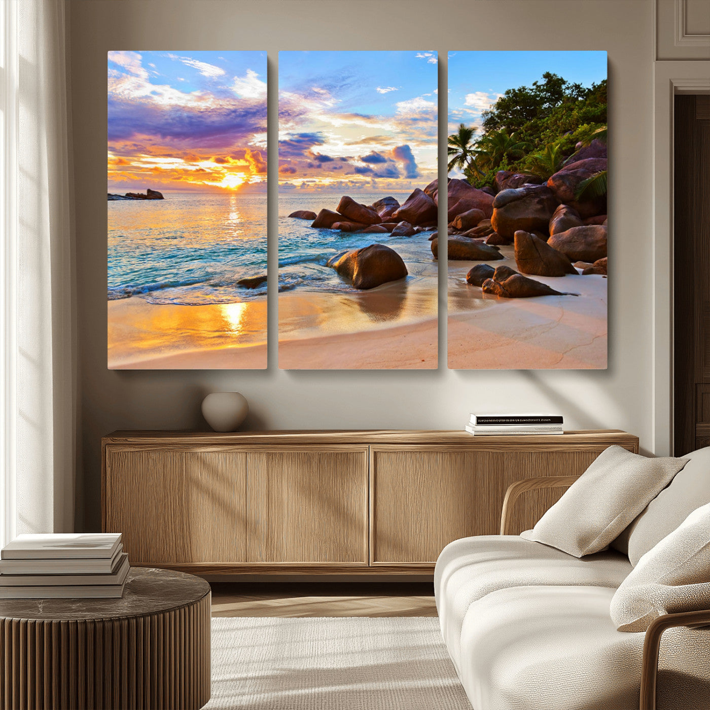 43209-MGV-CV-36X24-Tropical Beach Sunset Wall Art – Golden Ocean Waves and Palm Trees with Rocky Shore Canvas Print, Coastal Seascape Decor for