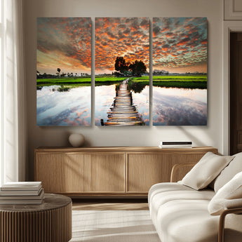 29105-MGV-CV-36X24-Rustic Wooden Bridge Wall Art – Scenic Sunset Over Rice Fields and Reflective Water Canvas Print, Nature Landscape Decor for