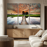 29105-MGV-CV-36X24-Rustic Wooden Bridge Wall Art – Scenic Sunset Over Rice Fields and Reflective Water Canvas Print, Nature Landscape Decor for