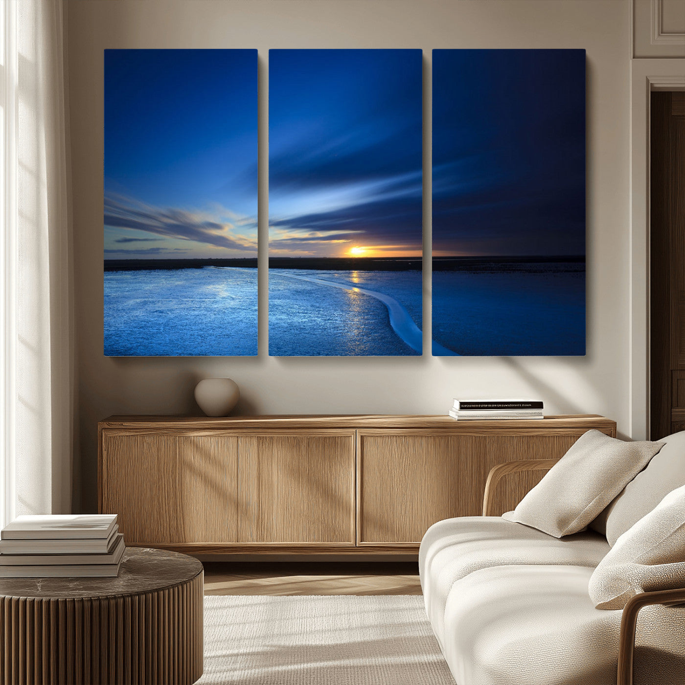 65405-MGV-CV-36X24-Blue Sunrise Seascape Wall Art – Tranquil Ocean Horizon Canvas Print with Golden Sunlight and Deep Sky, Coastal Landscape Decor