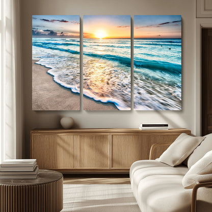 27815-MGV-CV-36X24-Ocean Sunrise Beach Wall Art – Serene Coastal Canvas Print with Waves and Golden Morning Light, Relaxing Seascape Decor for