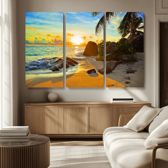 26181-MGV-CV-36X24-Golden Tropical Sunset Beach Wall Art – Ocean Canvas Print with Palm Trees and Rocks, Coastal Paradise Decor for Living Room or