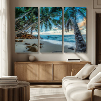 39679-MGV-CV-36X24-Tropical Palm Beach Wall Art – Serene Ocean Canvas Print with Palm Trees and Rocks, Coastal Paradise Decor for Living Room or