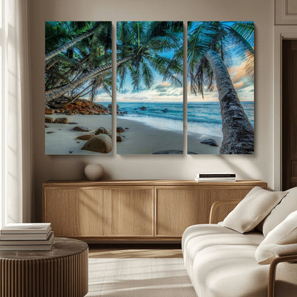 39679-MGV-CV-36X24-Tropical Palm Beach Wall Art – Serene Ocean Canvas Print with Palm Trees and Rocks, Coastal Paradise Decor for Living Room or