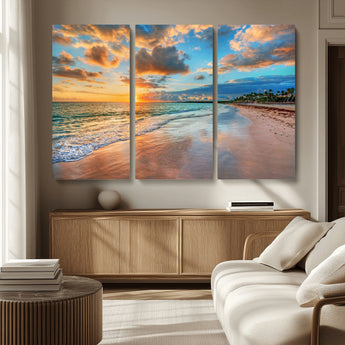 41572-MGV-CV-36X24-Sunset Beach Wall Art – Ocean Waves and Palm Trees Canvas Print, Tropical Coastal Sunset Seascape Decor for Living Room, Bedroom