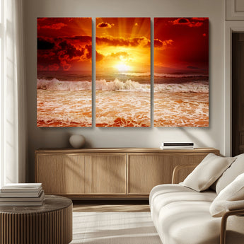 60211-MGV-CV-36X24-Fiery Sunset Ocean Waves Canvas Print – Vibrant Red & Orange Coastal Wall Art, Dramatic Seascape Decor