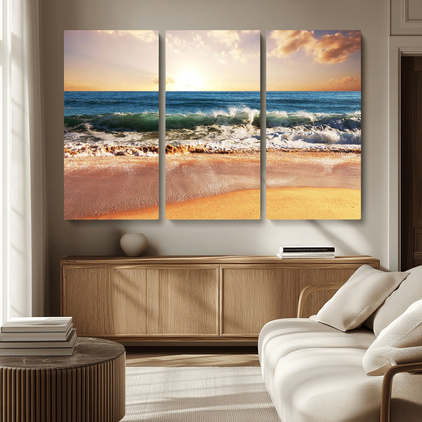 79005-MGV-CV-36X24-Golden Sunrise Ocean Waves Wall Art – Panoramic Seashore Canvas Print, Calming Coastal Decor for Home, Office or Relaxation Space