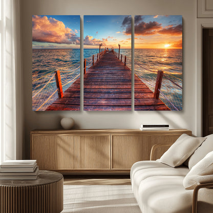 28836-MGV-CV-36X24-Ocean Pier Sunset Wall Art – Wooden Dock and Golden Horizon Canvas Print, Coastal Seascape Photography for Living Room, Bedroom,
