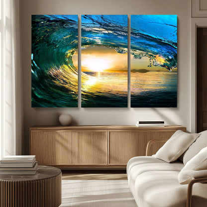 19378-MGV-CV-36X24-Ocean Wave Sunset Wall Art – Vibrant Surf and Golden Horizon Canvas Print, Coastal Seascape Photography for Living Room, Bedroom,