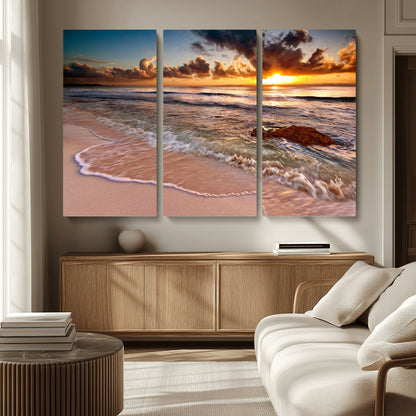 80979-MGV-CV-36X24-Golden Sunrise Beach Wall Art – Ocean Waves and Sandy Shore Canvas Print, Coastal Sunset Photography Artwork for Living Room,