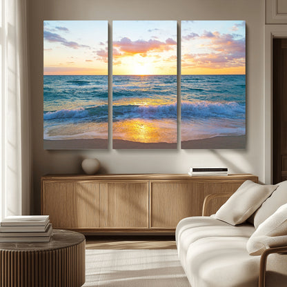 78006-MGV-CV-36X24-Golden Sunrise Ocean Wall Art – Panoramic Beach Waves Canvas Print, Coastal Seascape Artwork for Living Room, Bedroom, Office, or